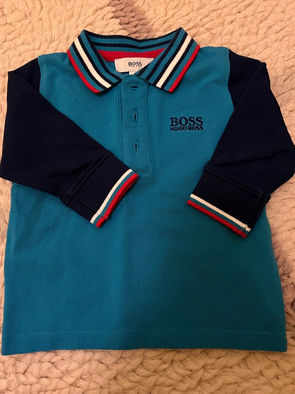 Hugo Boss Teal and Navy Long-Sleeve Polo with Striped Trim